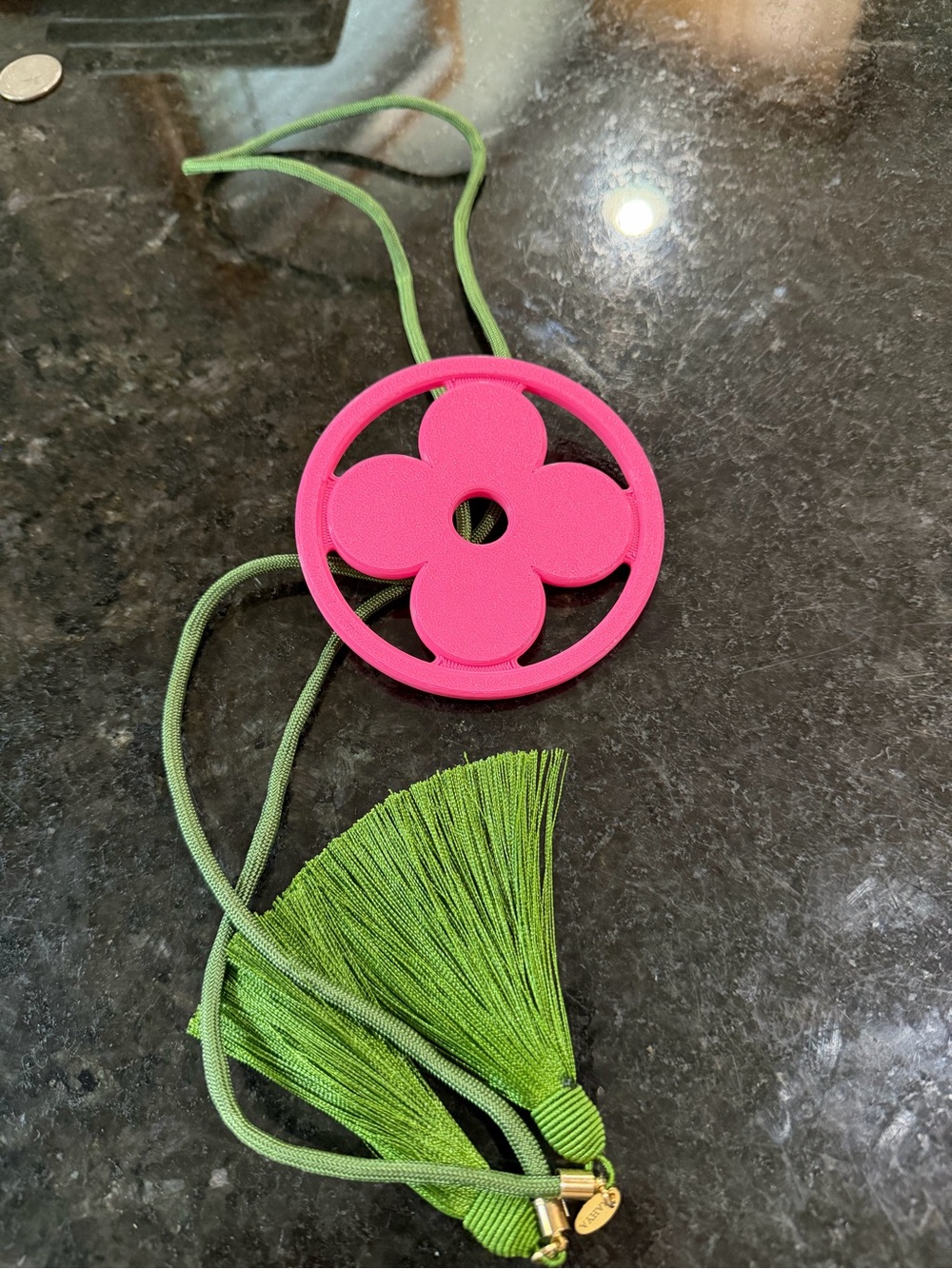 Vibrant Pink Floral Pendant Necklace with Green Tassel